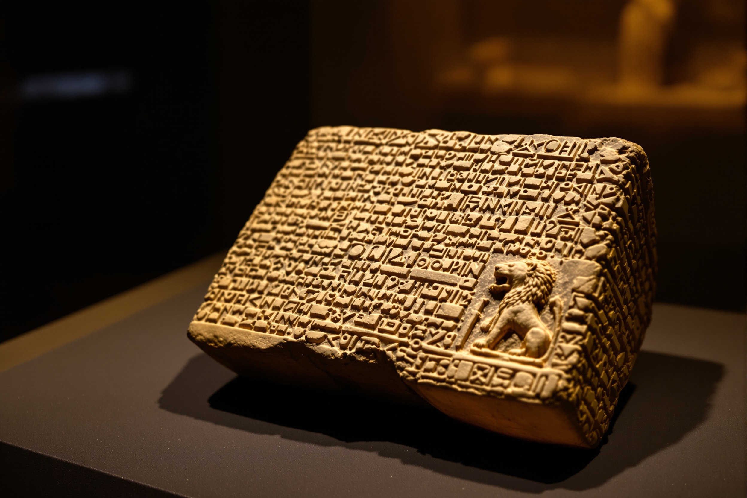 An ancient carved stone tablet fragment with a worn lion figure on a museum plinth