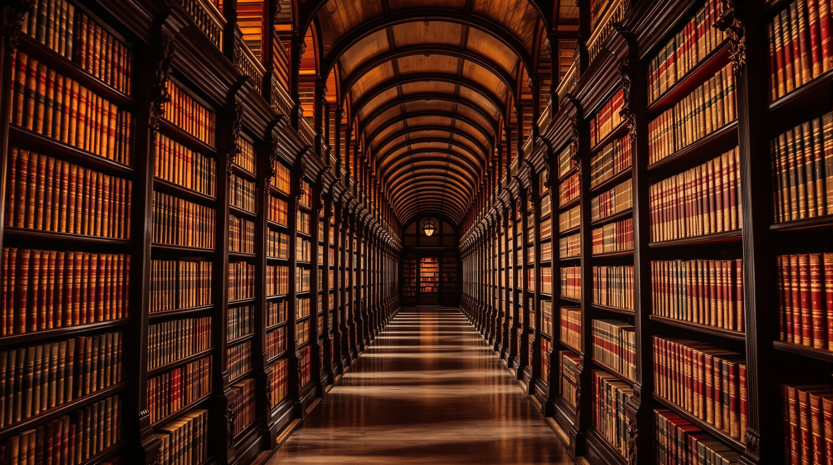 A long corridor of a historic library lined with old books receding into warm light