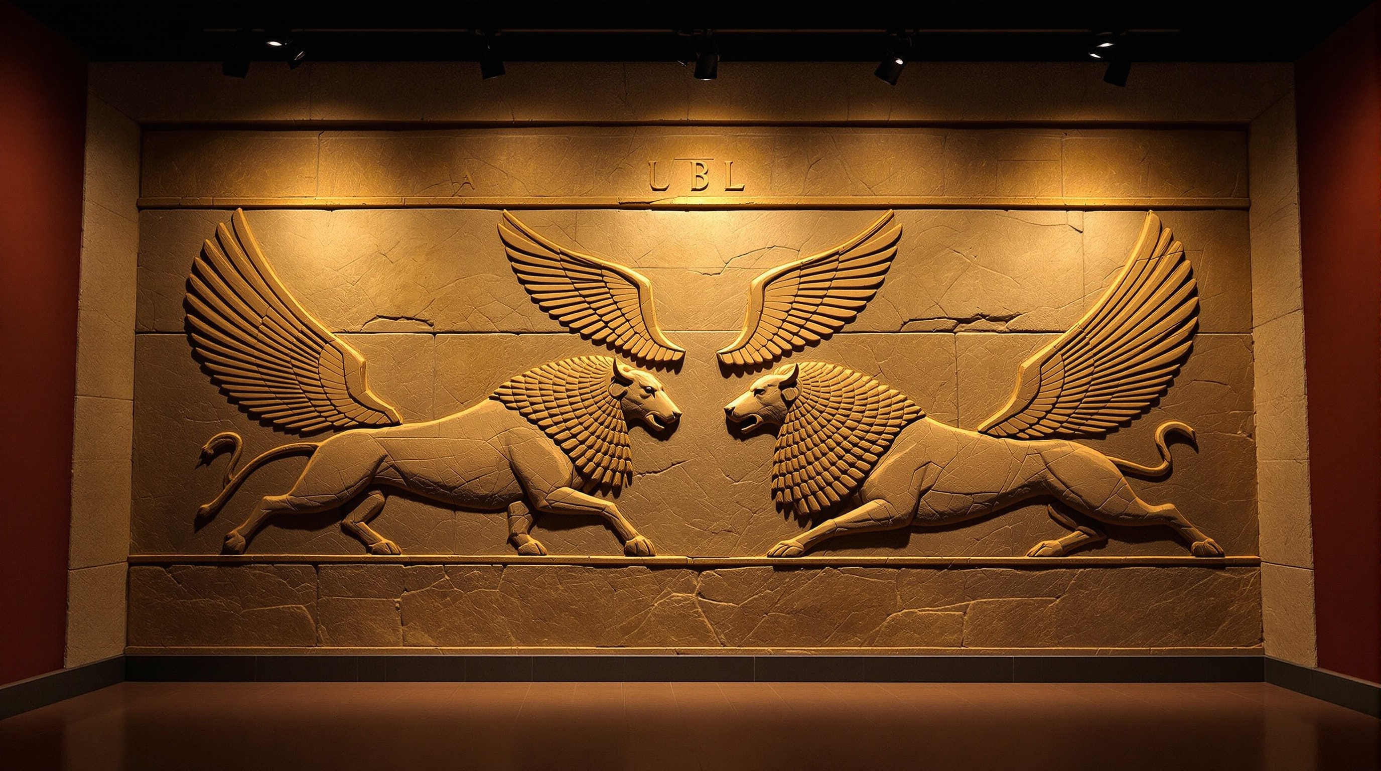 A carved ancient Mesopotamian stone relief wall lit in a dim museum gallery