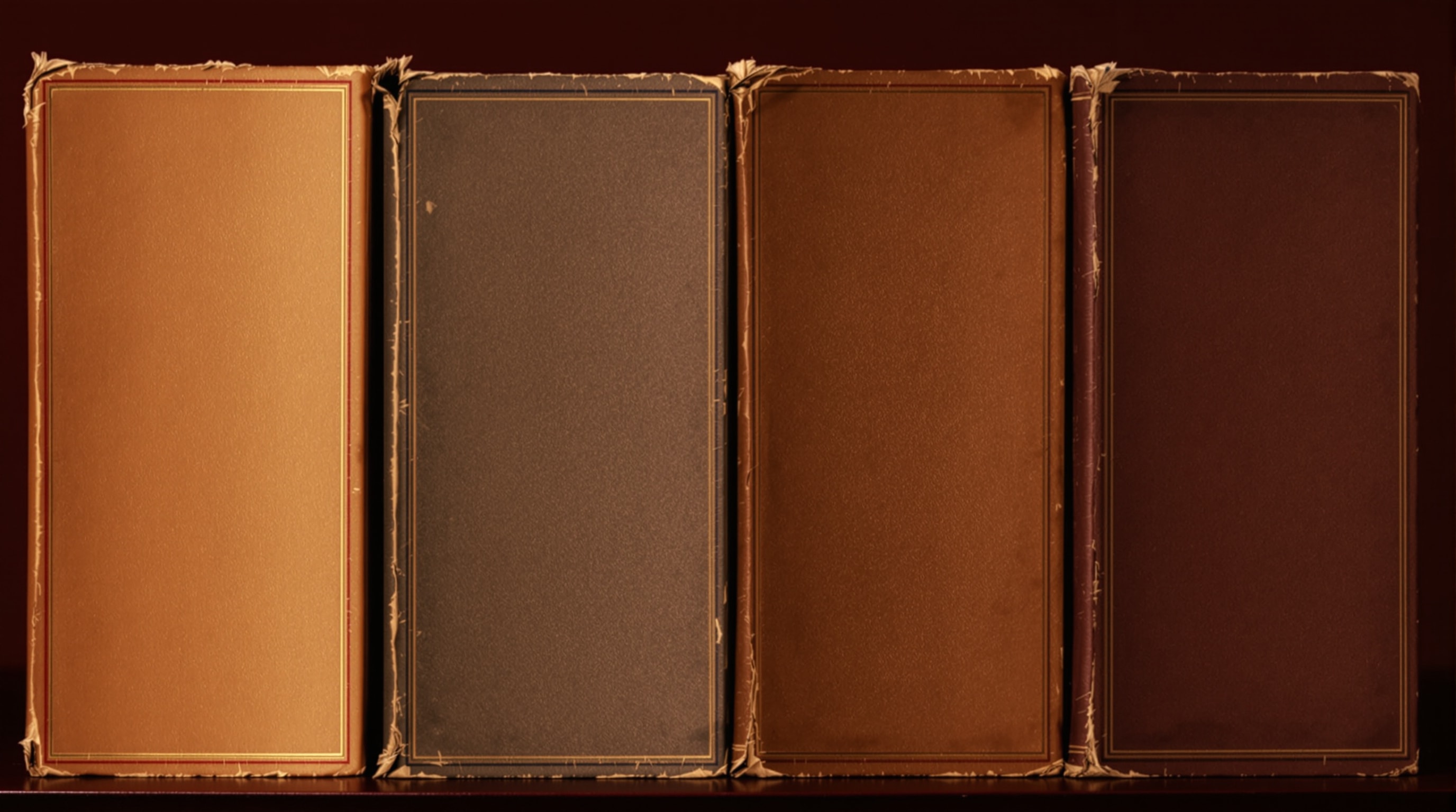 Four different antique books standing side by side on a library shelf