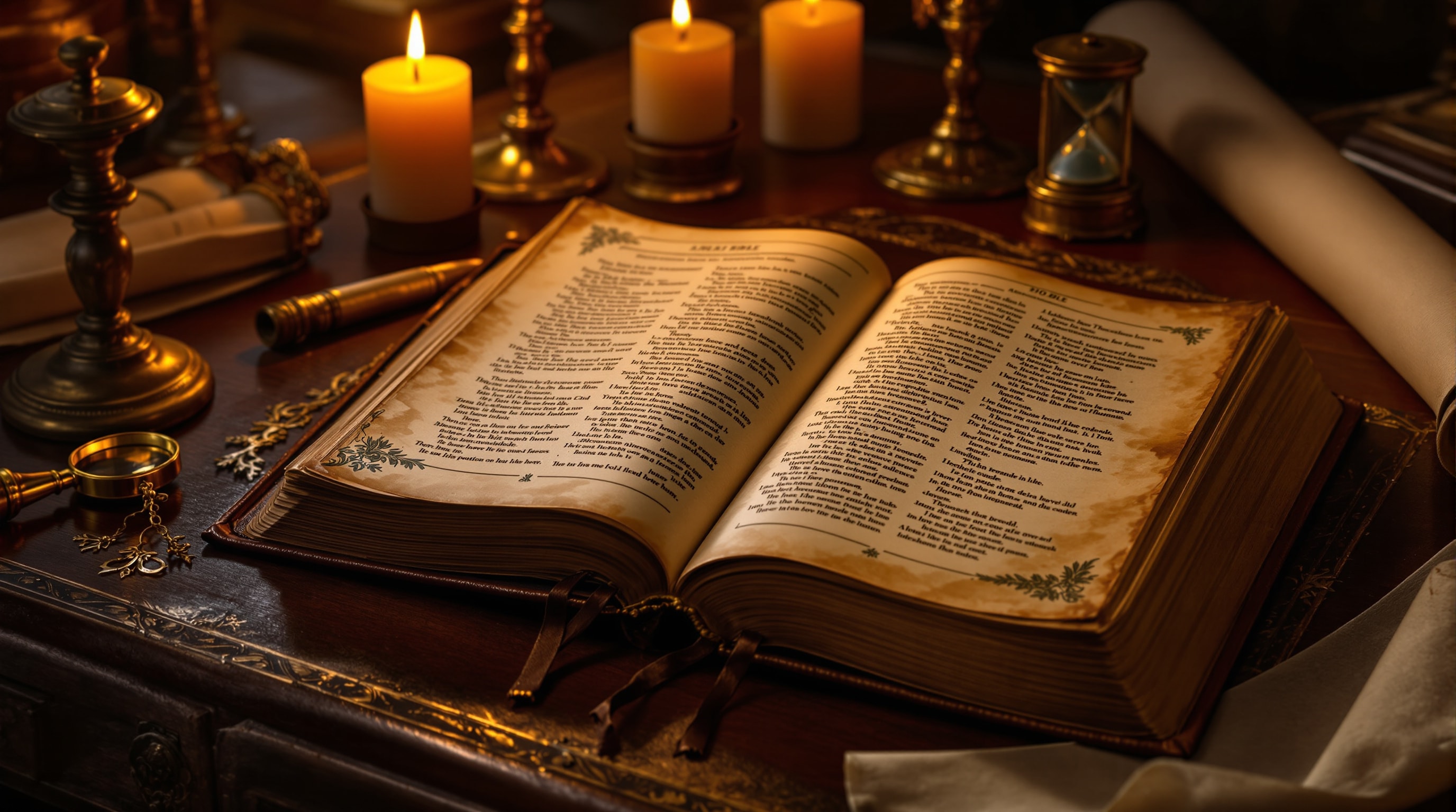 An antique open Bible and magnifying glass on a dark library desk, lit by candlelight