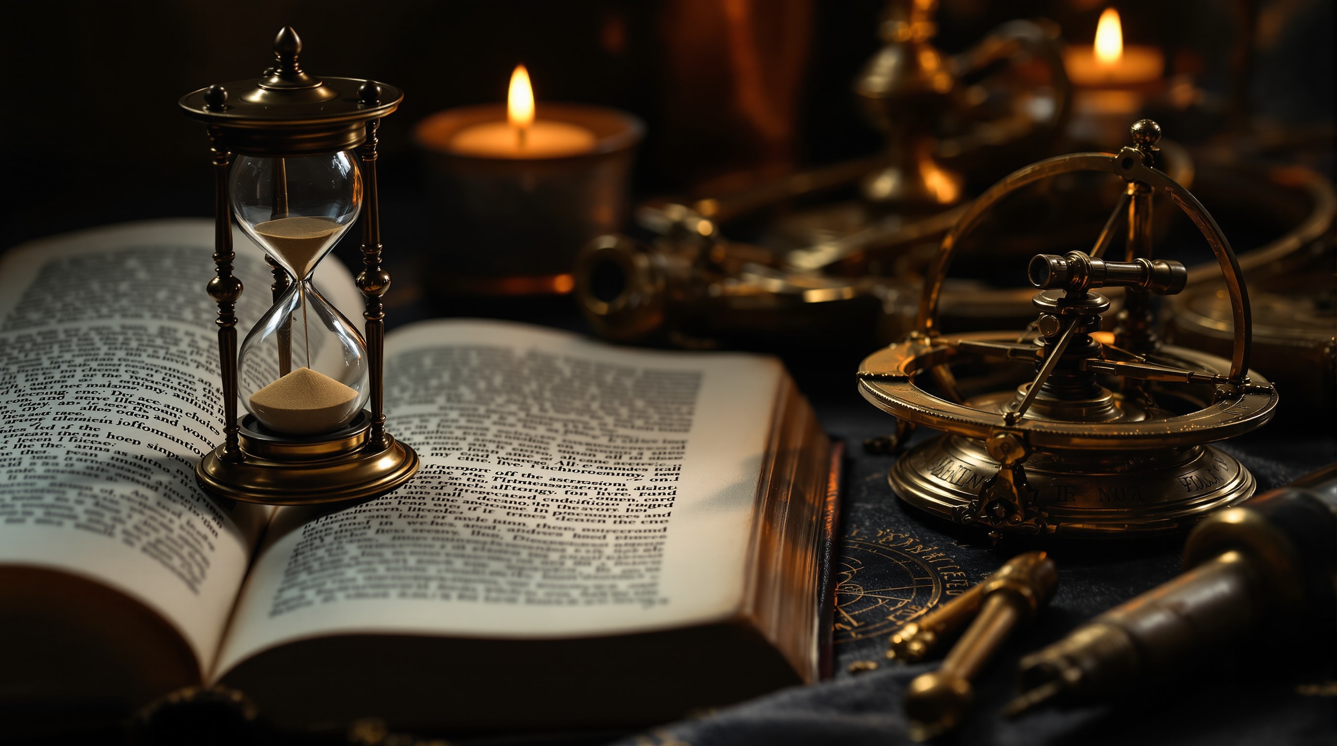 An antique hourglass beside an old book and a brass instrument on a dark table