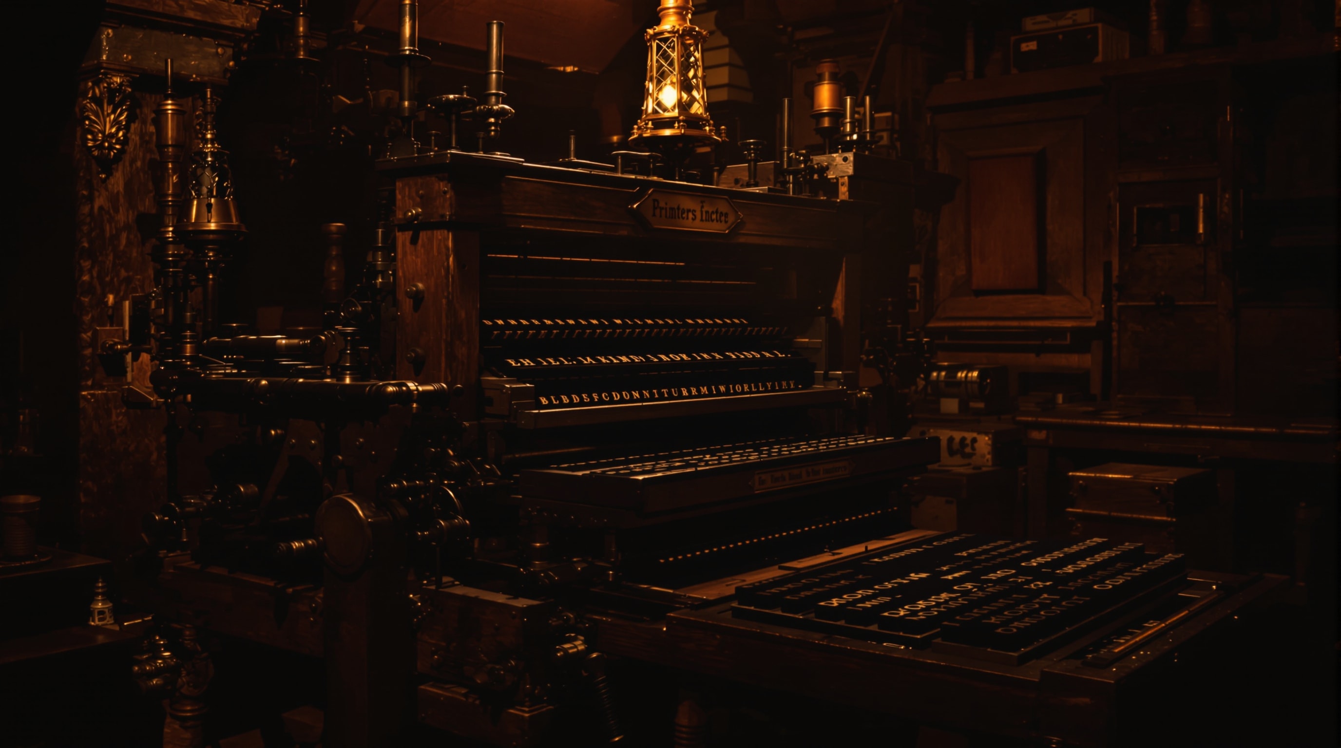An antique wooden printing press and movable type in a dim historical workshop