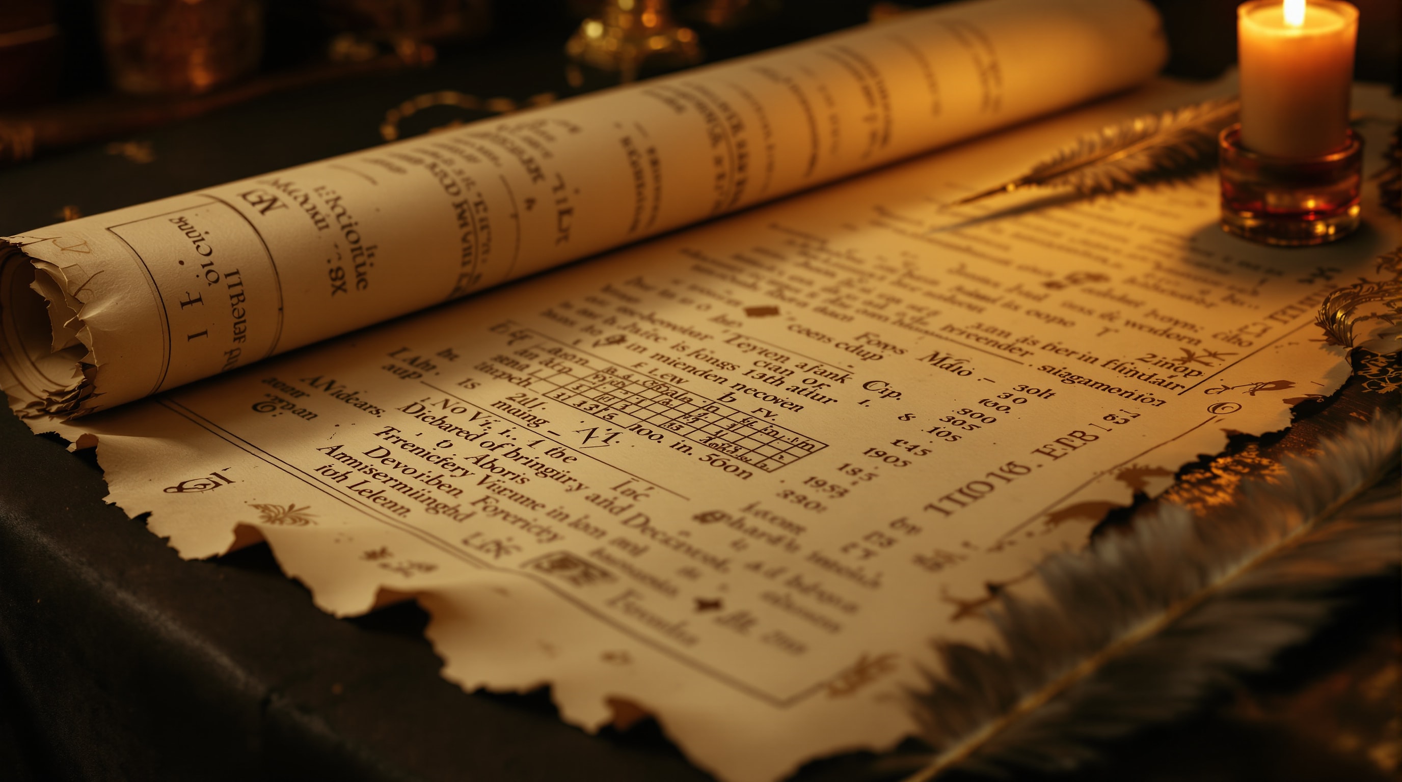 An unrolled antique scroll with quill and inkwell on a dark table