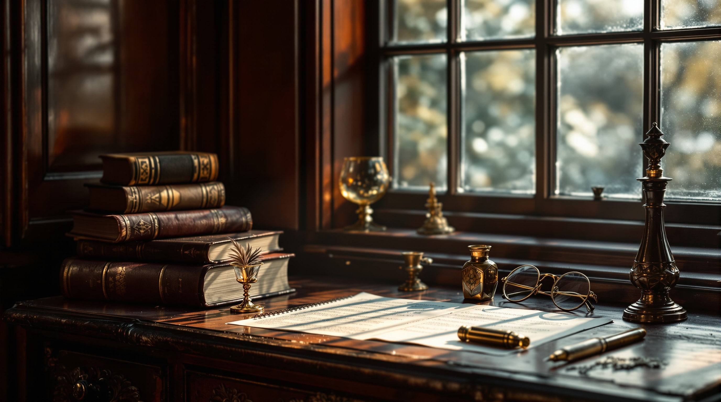 An antique scholar's writing desk with quill, inkwell, spectacles, and old books by a window