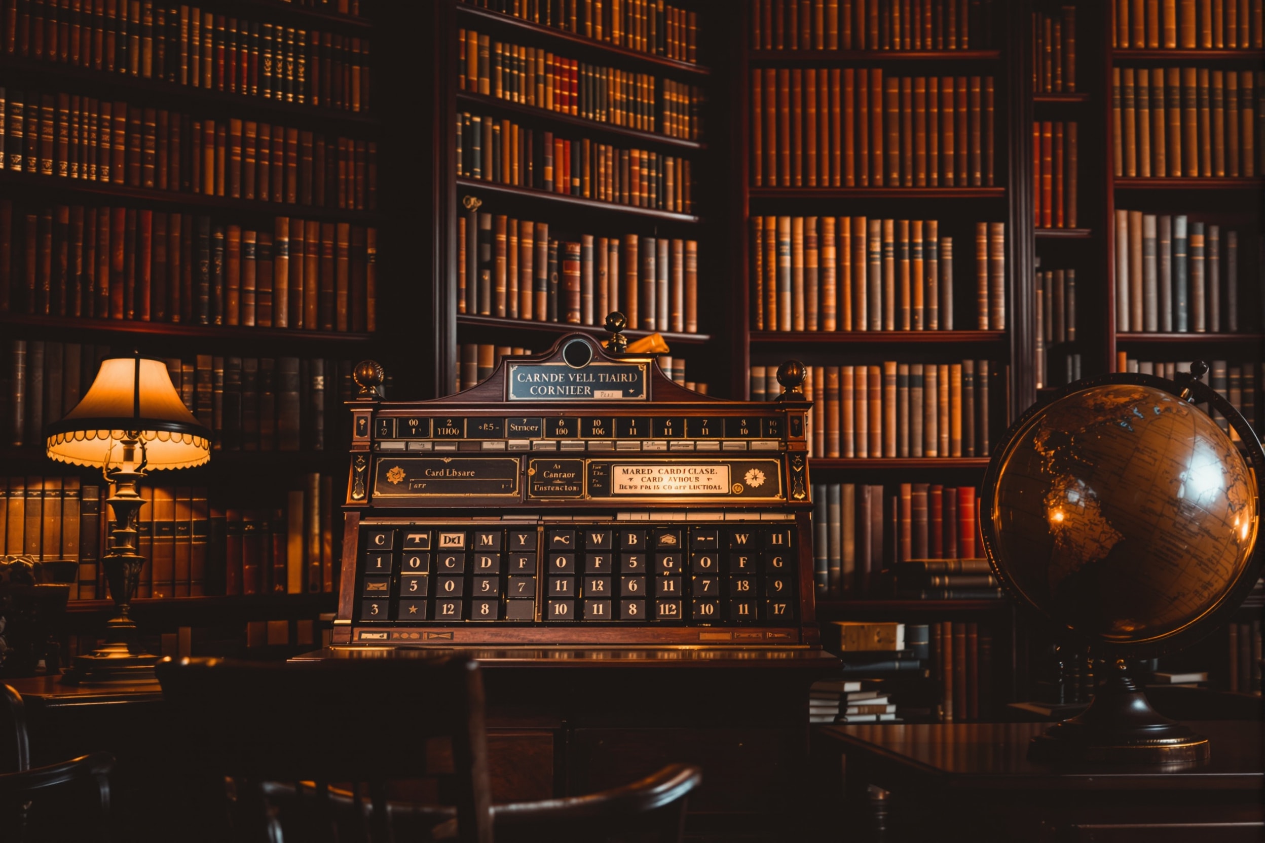 An old card catalog and globe in a historic library with tall shelves of antique books