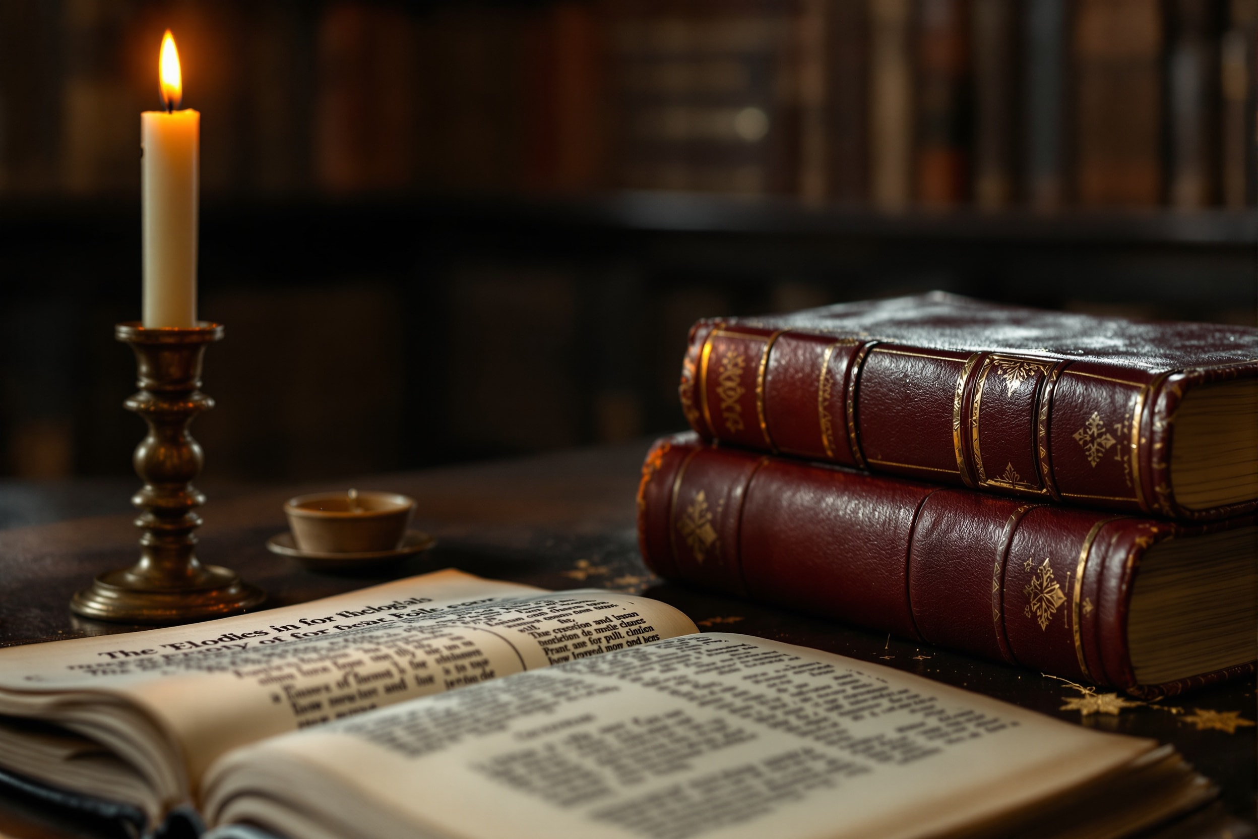An open antique theological book beside a stack of leather volumes and a candle in an old library