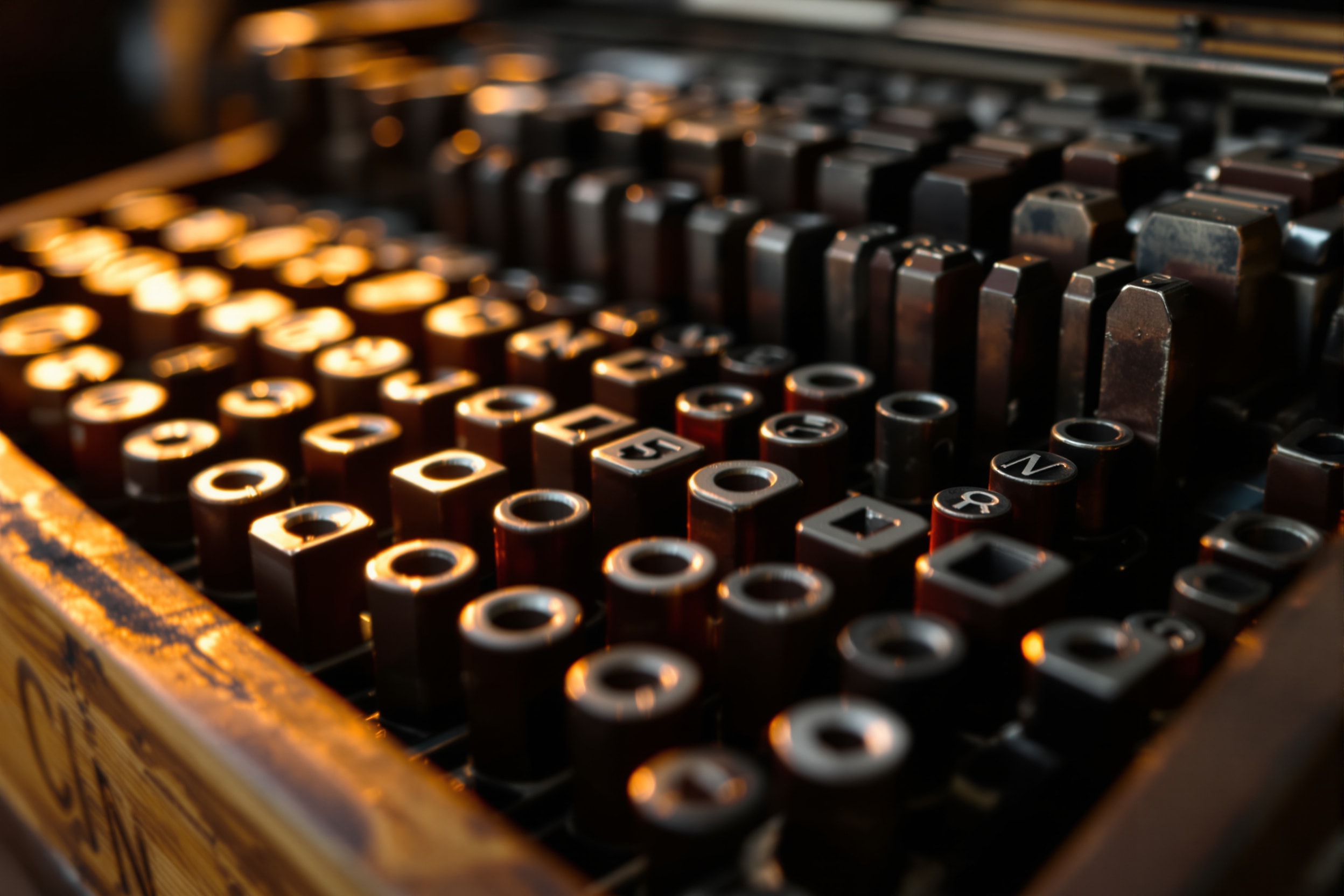 Antique movable metal type arranged in a wooden printer's tray, close up