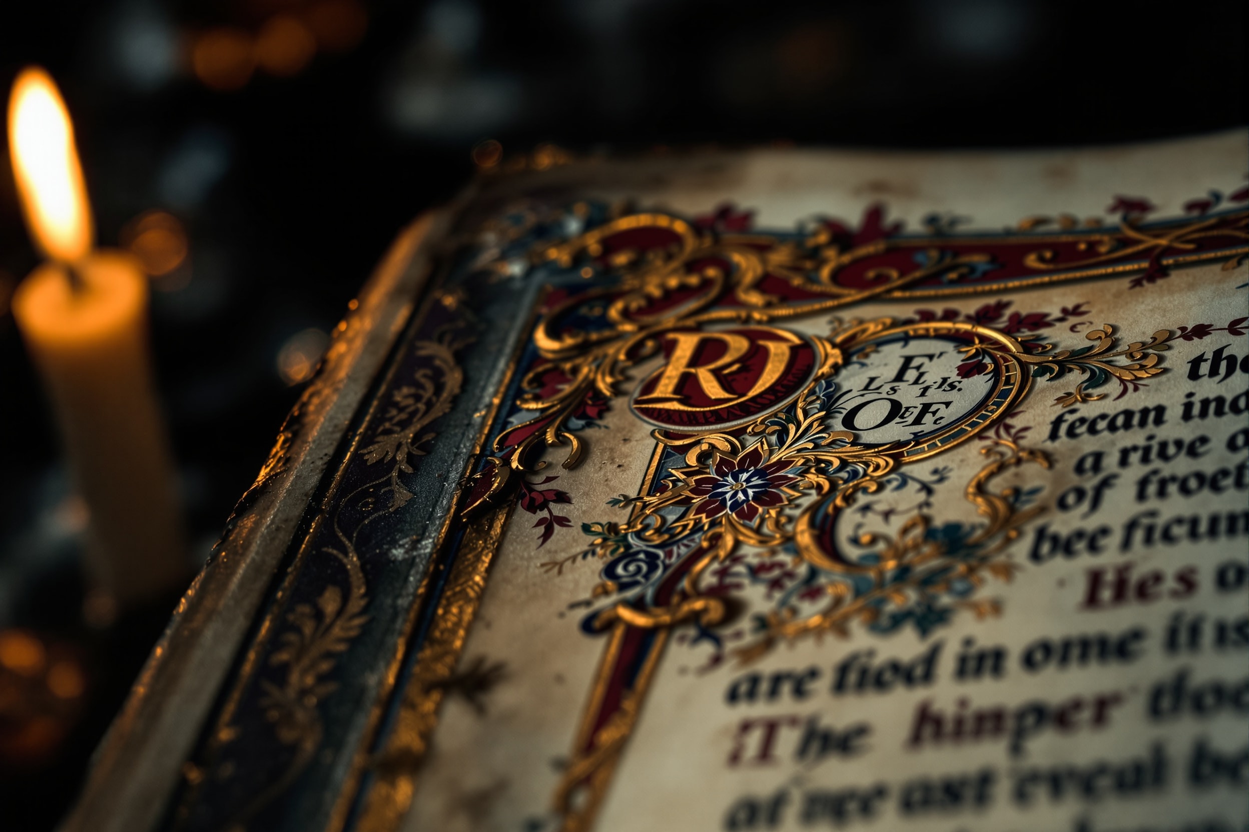 A close-up of an illuminated manuscript border with gold and crimson decoration