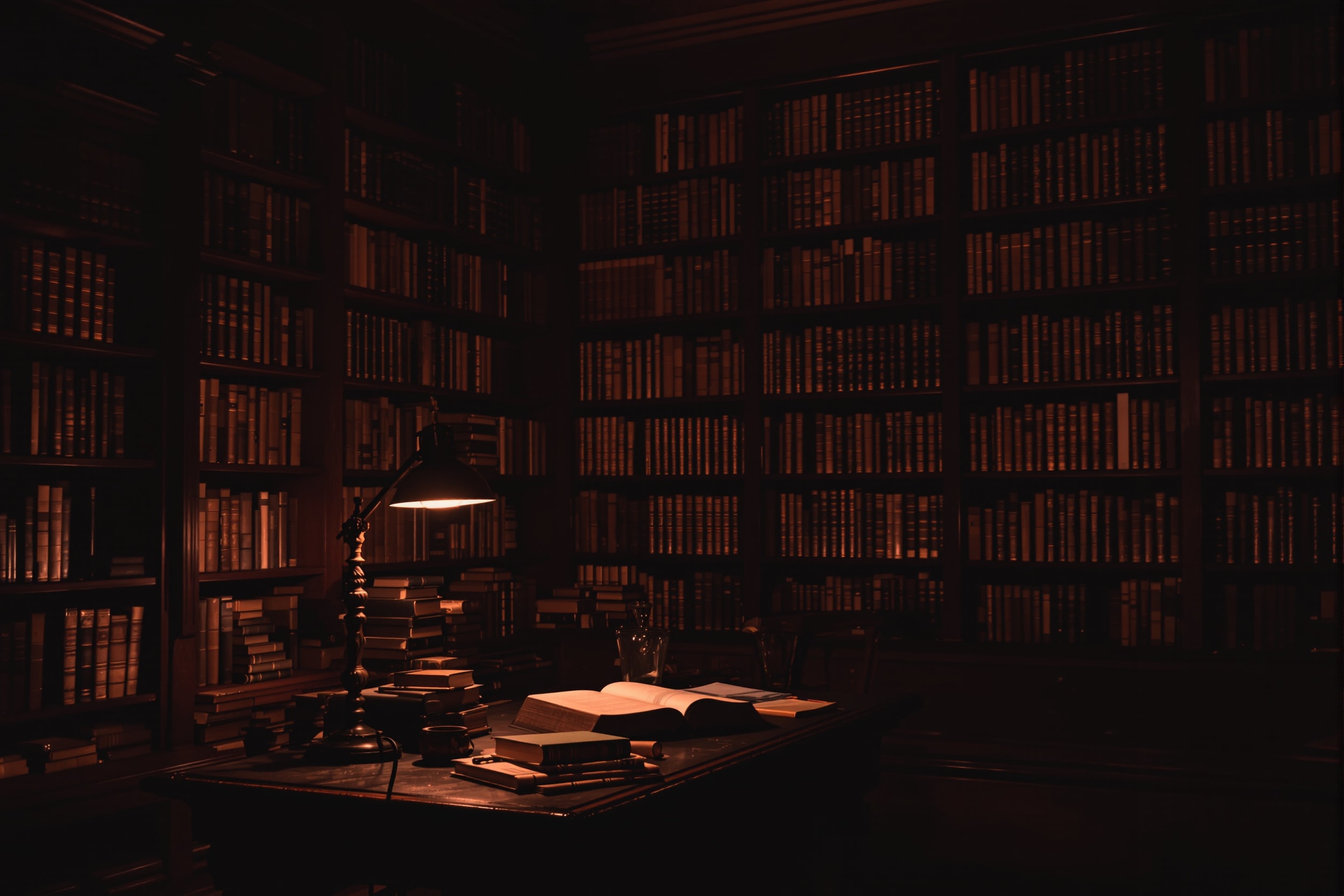 A dim antiquarian library reading room with tall bookshelves and a warm reading lamp