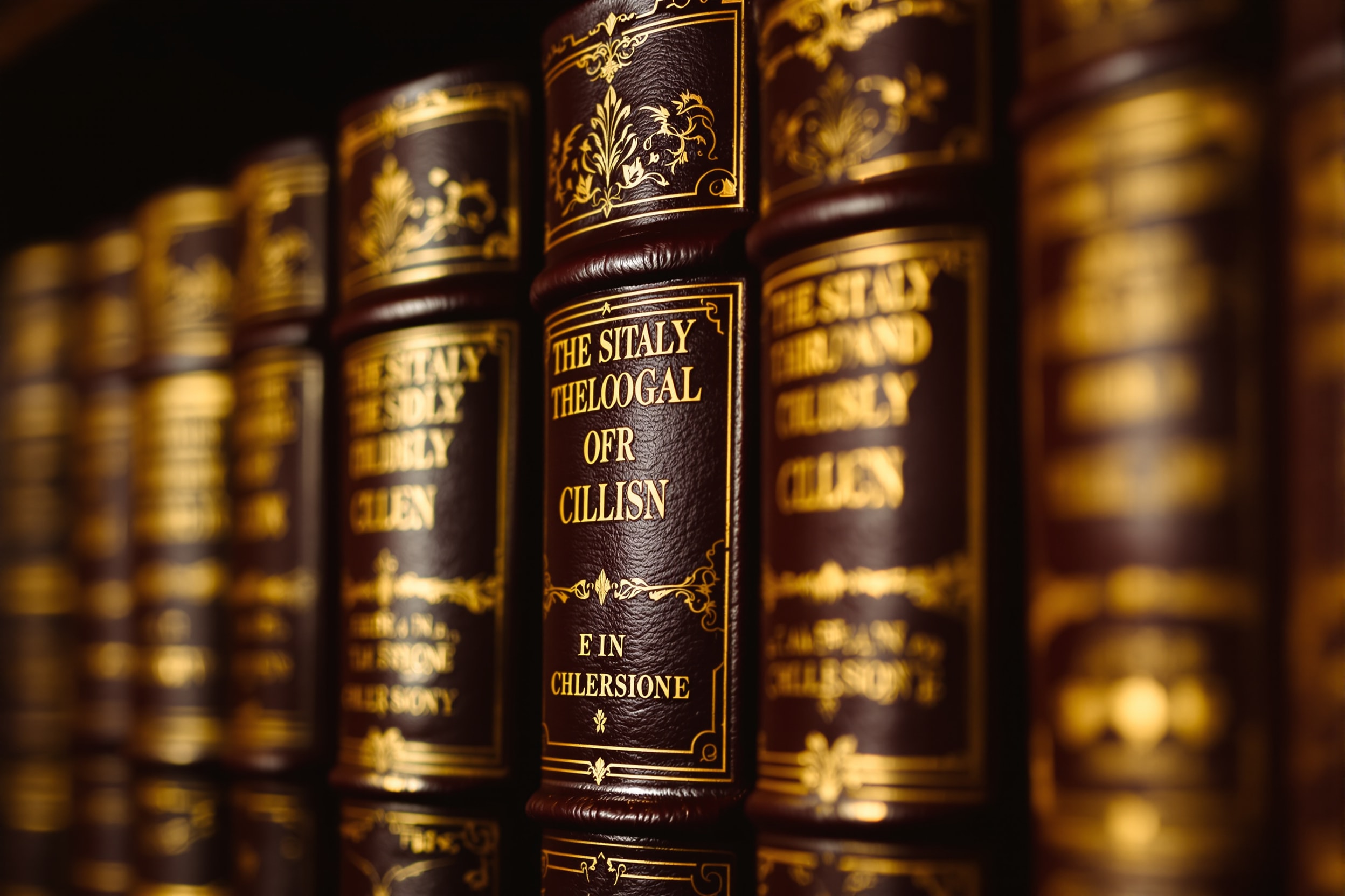 Gilded spines of antique leather-bound theological books on a shelf