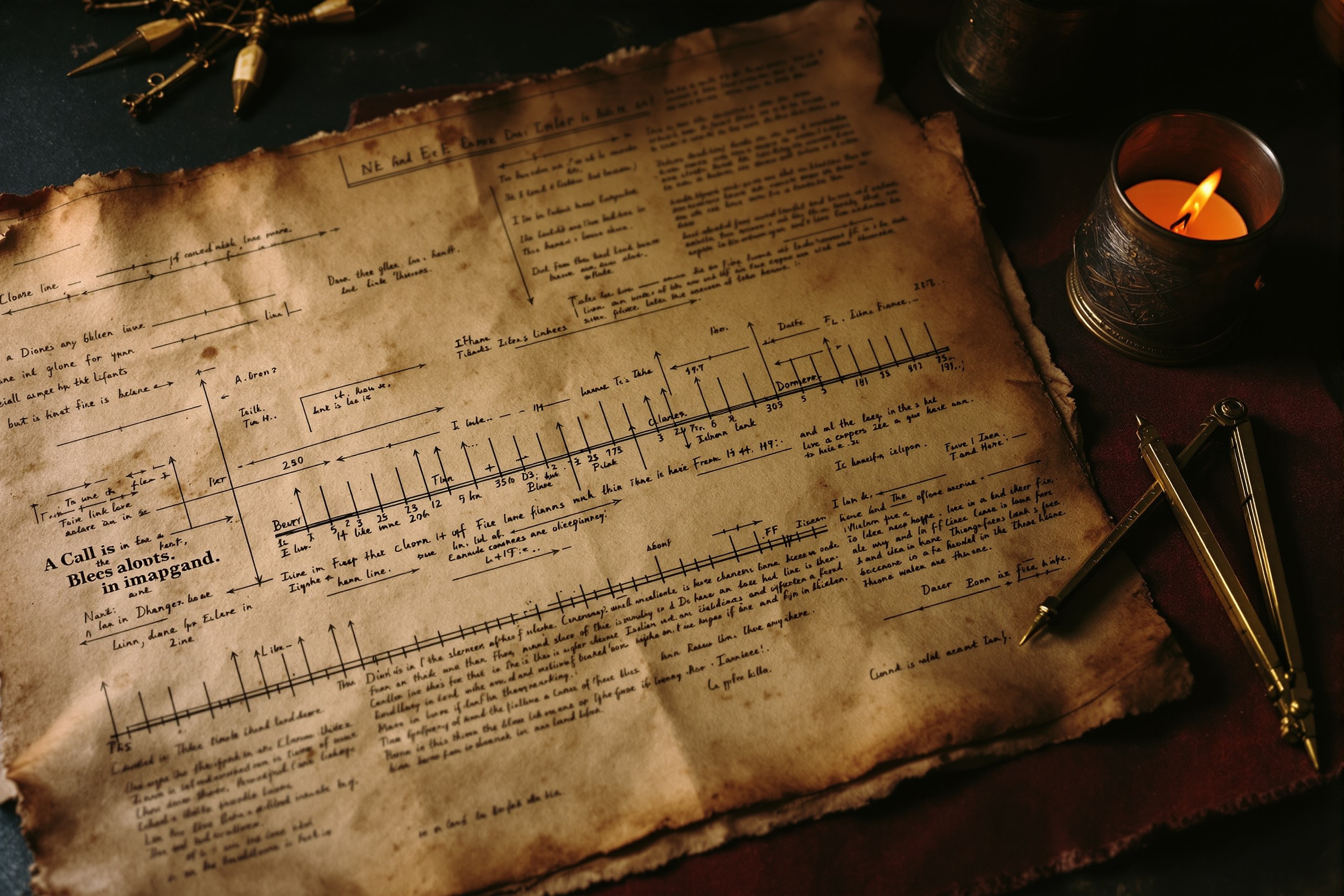 An antique parchment with faint timeline markings, a brass compass, and a candle